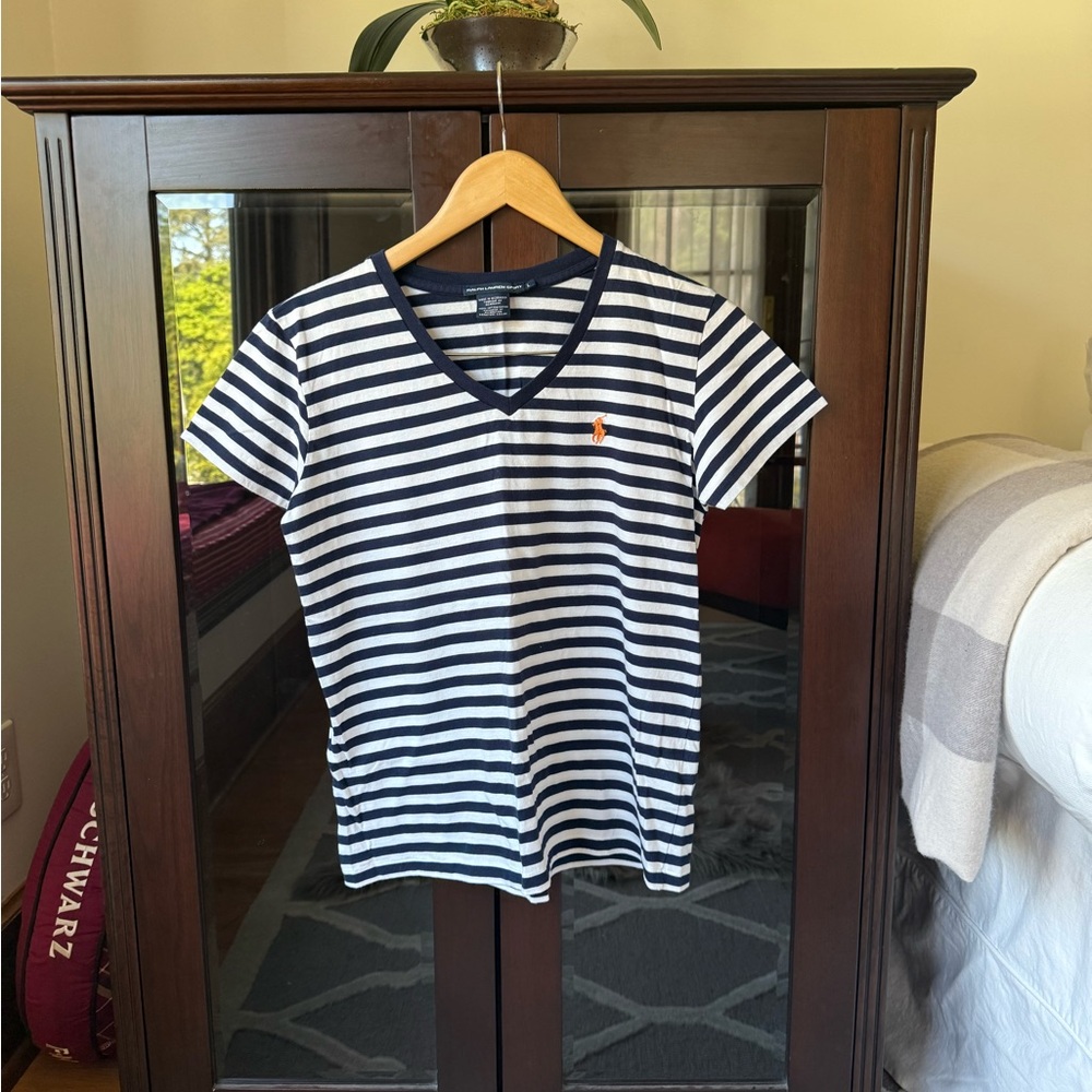 Ralph Lauren Striped V‑Neck Tee in Navy, White with Orange Pony